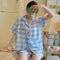 Summer Chequered Pajamas Women Short Sleeve Lapel Cardigan Korean Sweet Look Student Loungewear Cartoon Sleepwear