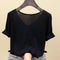 IMG 113 of Silk Sweater Loose V-Neck Undershirt Black T-Shirt Short Sleeve Women Solid Colored ins Thin T-Shirt