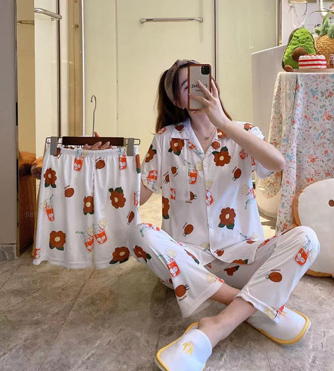 Pajamas Women Summer Cardigan Lapel Short Sleeve Sets Plus Size Cartoon Minimalist Casual Long Pants Loungewear Three-Piece Sleepwear