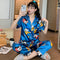 Pajamas Women Summer Silk Sets Short Sleeve Long Pants Black Bear Adorable Cartoon Korean Home Sleepwear