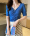 IMG 126 of Silk T-Shirt Short Sleeve Women Summer ins V-Neck High Waist French Slim Look Knitted Tops Outerwear
