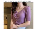 Silk T-Shirt Short Sleeve Women Summer ins V-Neck High Waist French Slim Look Knitted Tops Outerwear